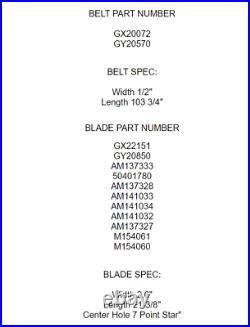 Spindle Blade Belt Kit Fits John Deere LA100 LA105 LA110 LA115 LA120 LA125 LA135